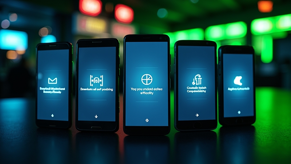 Several Android phones displaying app download and compatibility screens in a neon casino setting