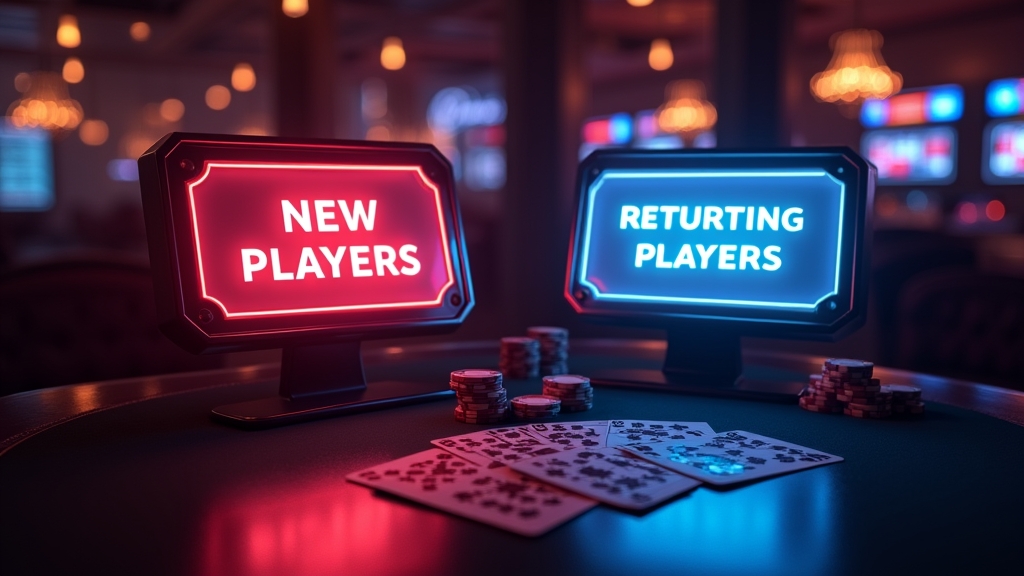 Two glowing casino bonus panels for new and returning players in a dark lounge