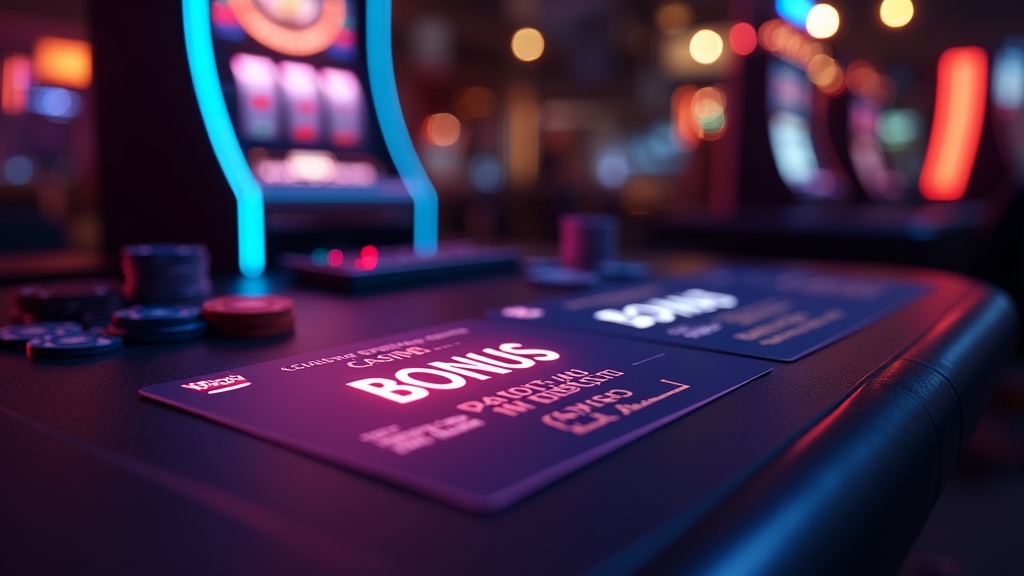 Player reviewing a glowing casino bonus code on a dark neon-lit desk