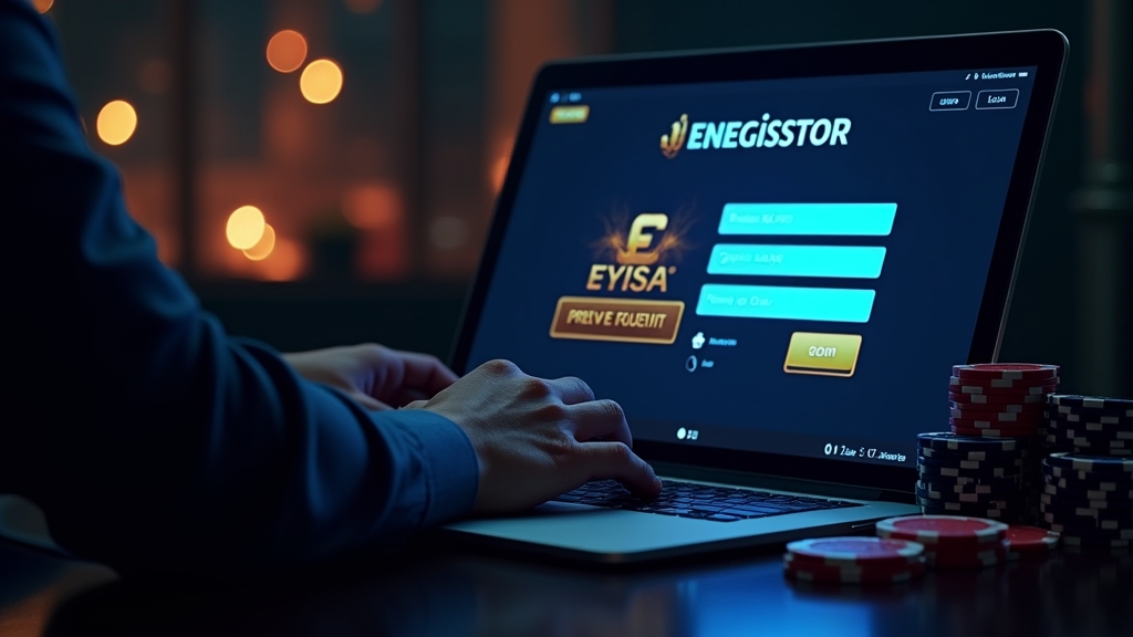 Casino player entering a promo code on a glowing laptop in a dark room