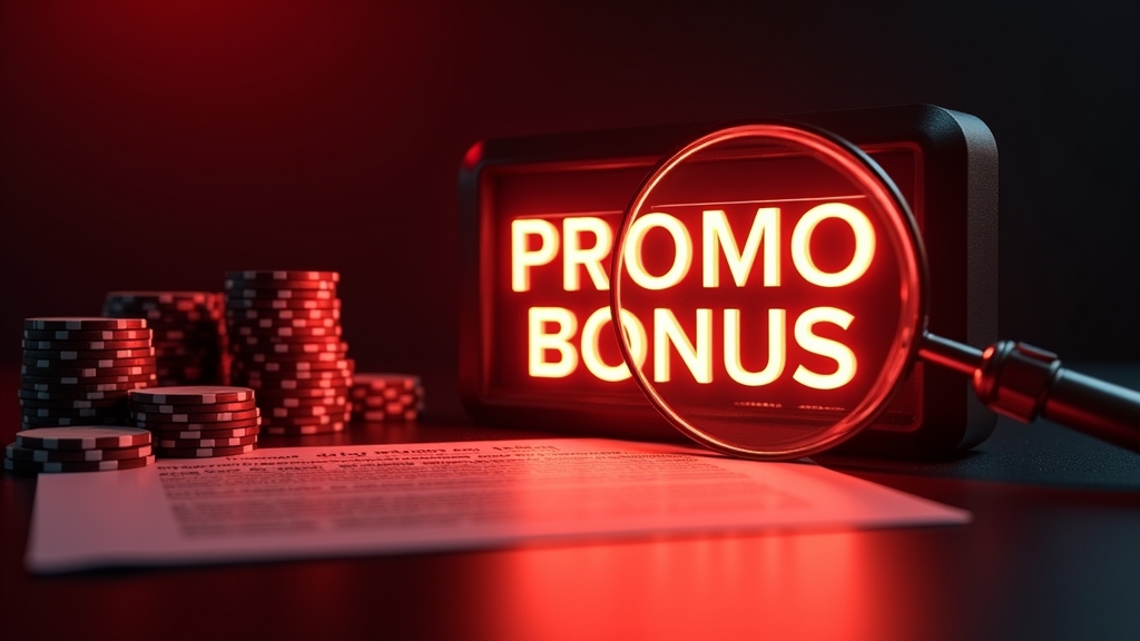 Magnifying glass over casino bonus terms beside glowing chips and a promo code