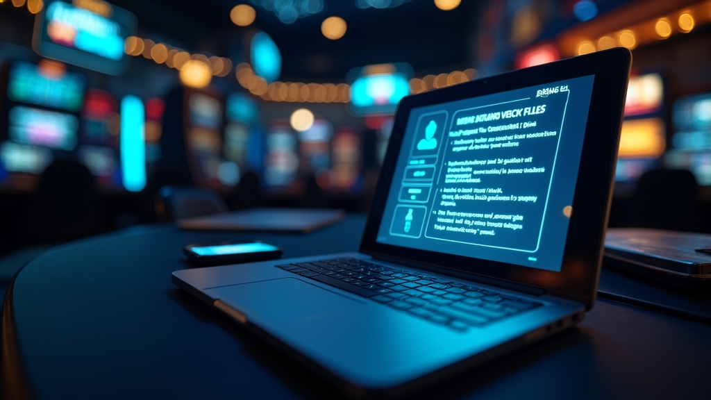 Phone download screen beside a security-style checklist in a neon casino setting