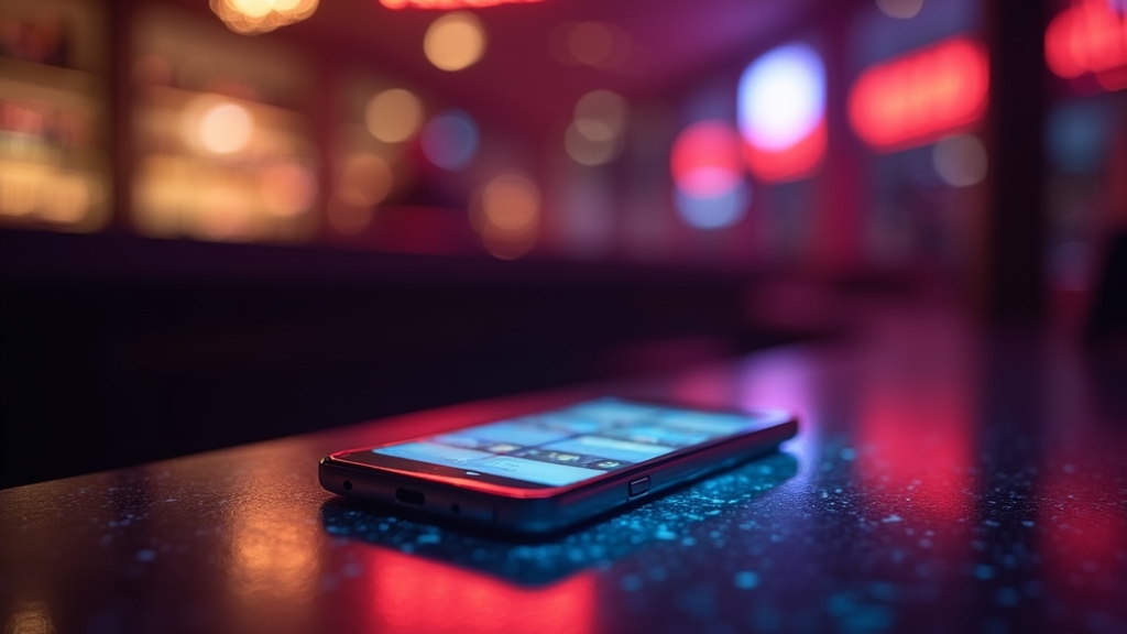 Smartphone with a smooth casino app interface on a dark neon counter