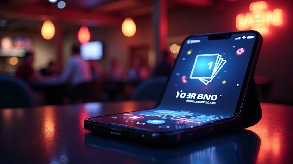 Smartphone displaying a sleek casino app interface in a dark neon setting